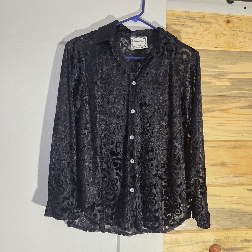 Vintage 90s Dressing Clio Black Semi Sheer Burnout Velvet Brocade Pattern Witchy